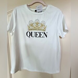 New White T-Shirt with Queen Gold Crown Design Sz L